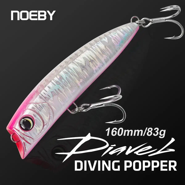 Pink and silver floating diving popper fishing lure with two chrome treble hooks