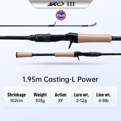 1.95m casting fishing rod with cork handle, black carbon blank, L power