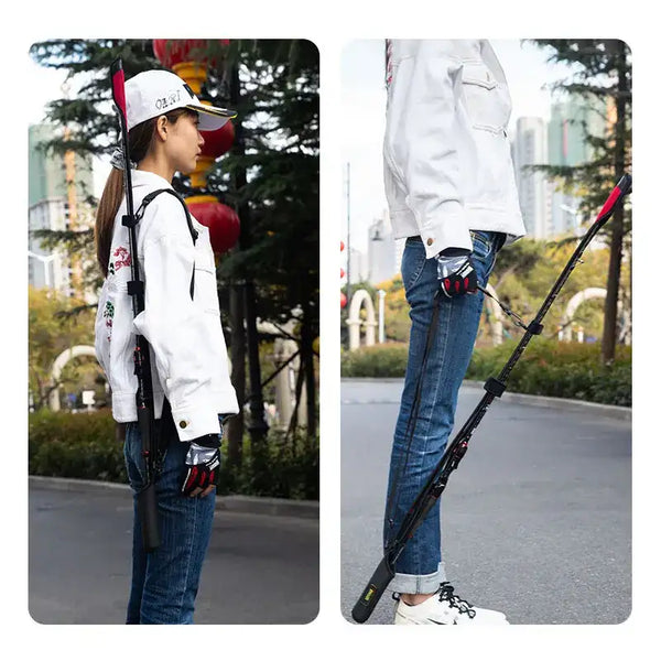 Person carrying fishing rod protection bag on shoulder with two strap positions