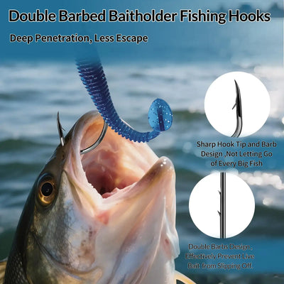 Double barbed baitholder fishing hook shown with live bait on a fish