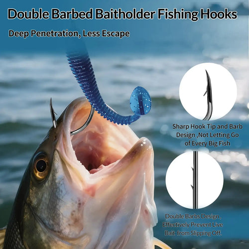Double barbed baitholder fishing hook shown with live bait on a fish