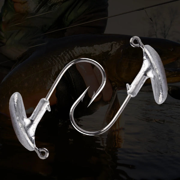 Fishing jig head hooks, silver metal, multiple hooks with barbed points