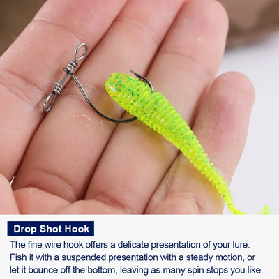 Drop shot hook on a bright neon green soft lure held in a hand