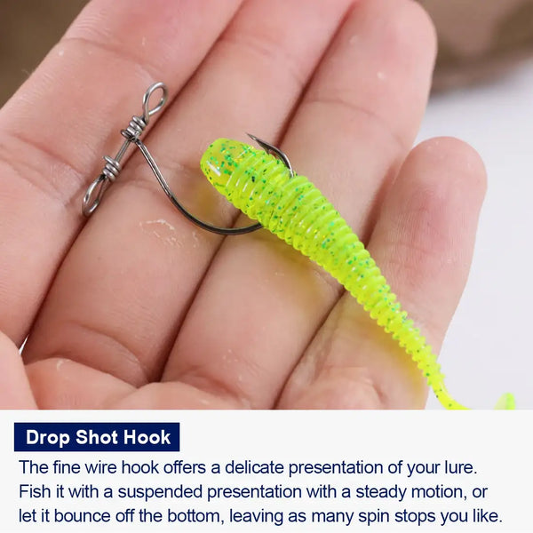Drop shot hook on a bright neon green soft lure held in a hand