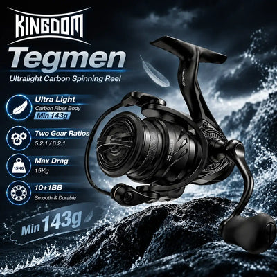 Black ultralight spinning fishing reel with curved handle and large spool