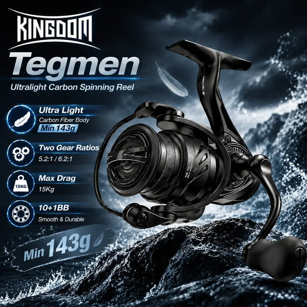 Black ultralight spinning fishing reel with curved handle and large spool