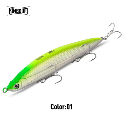 Sinking pencil fishing lure, lime green and silver body, 3 treble hooks
