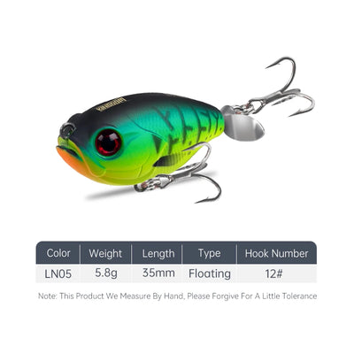 Floating topwater lure, green chartreuse body with red eye and silver treble hooks