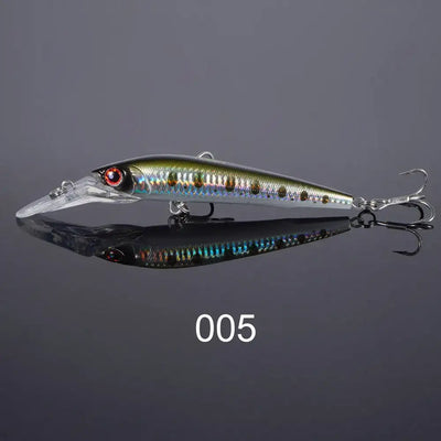 Trolling minnow fishing lure, metallic blue-gold, red eye, clear lip, 2 treble hooks