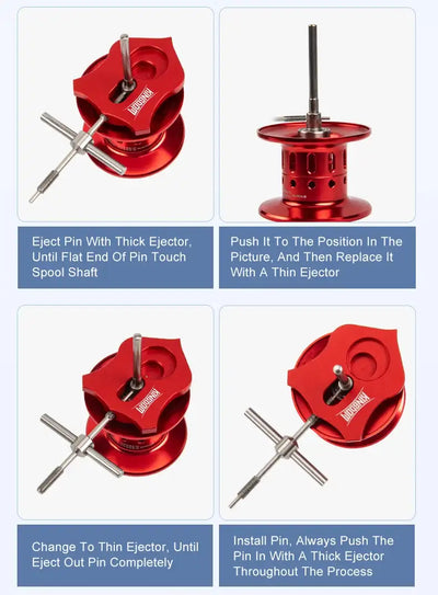 Red pin remover tool kit with thin ejector pin and cross-shaped ejector