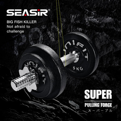 Braided fishing line under tension between weight plates