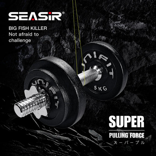 Braided fishing line under tension between weight plates