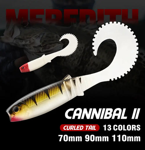 Curled-tail soft swimbait lure, white and yellow-black shad body with spiky fins.