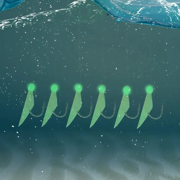 Underwater view of luminous fish-skin fishing rigs with green glowing hook shapes.