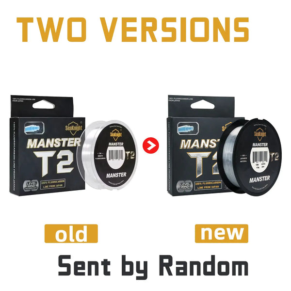 Fluorocarbon fishing line T2 spool shown in old and new retail packaging