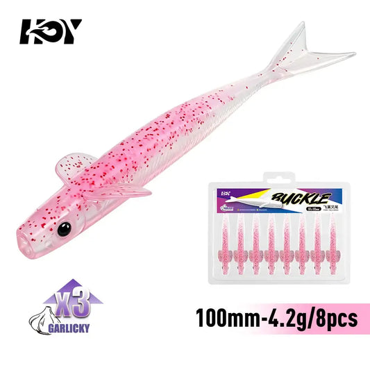 Pink 100mm silicone soft fishing lure, weedless fork-tail drop shot bait (8 pcs)