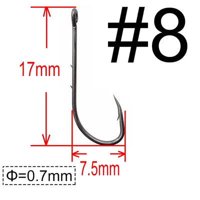 Long-shank baitholder hook size #8, dark metal, size diagram