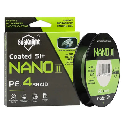 Hi-vis green ultralight coated Nano II braided fishing line on spool with packaging