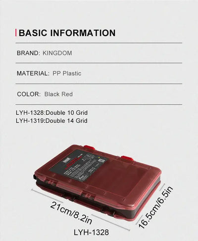 Red and dark plastic double-sided fishing tackle box with hinged lid and compartments