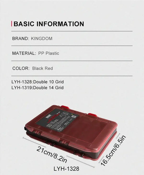 Red and dark plastic double-sided fishing tackle box with hinged lid and compartments
