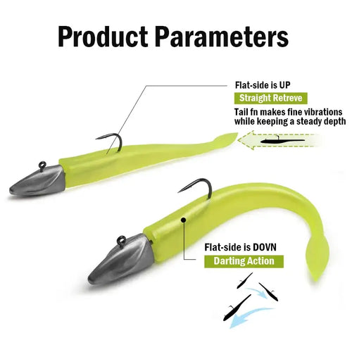 Green soft bait fishing lure with flat-sided jig head hook and curled tail