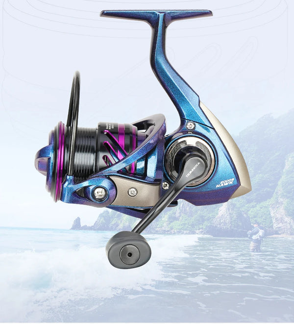 Blue spinning fishing reel with front drag, black spool, and long casting handle
