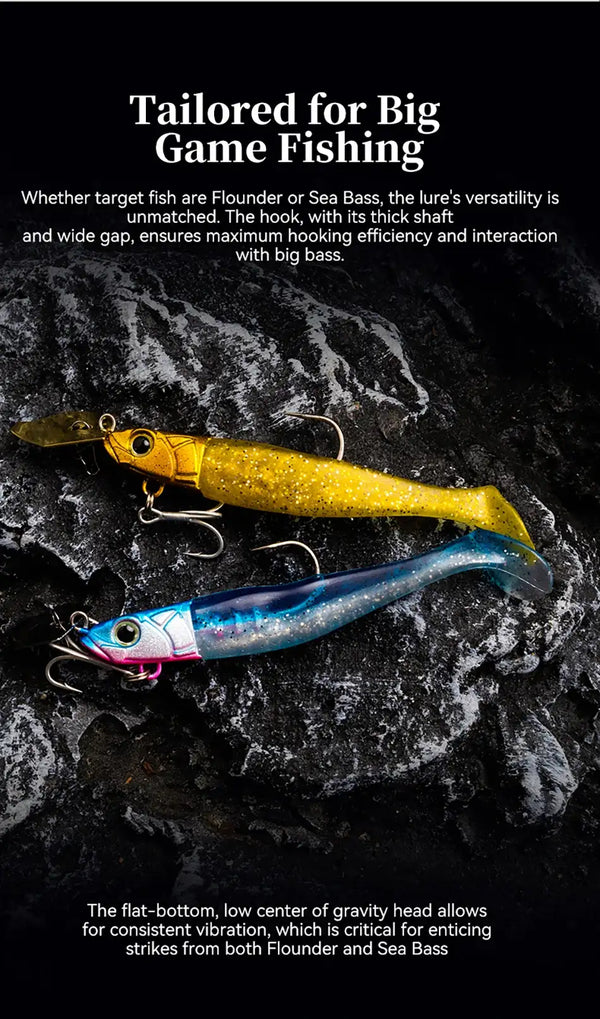 Two saltwater lures, yellow and blue glitter bodies with treble hooks