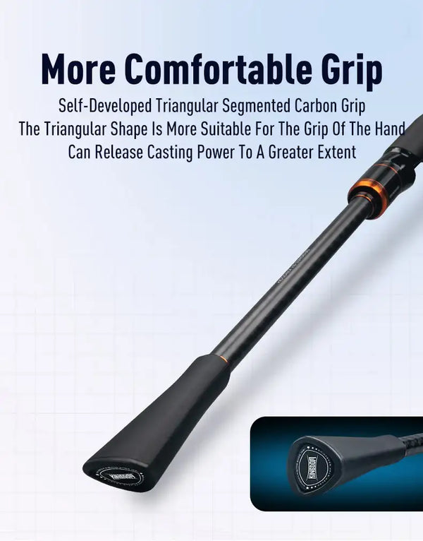 Black carbon grip with triangular segmented handle on fishing rod