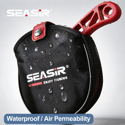 Black fishing net head with water droplets and red ABS hollow grip, in storage bag