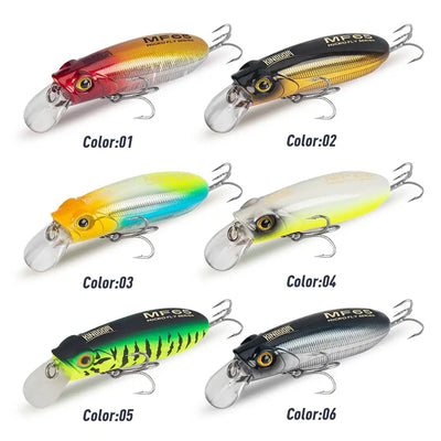 KINGDOM micro fish scales crankbait lures showing six color options, each with clear lip and treble hooks
