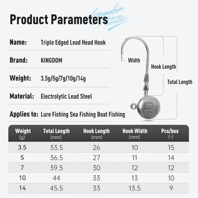 Triple edged lead head hook parameters table showing weights and hook dimensions
