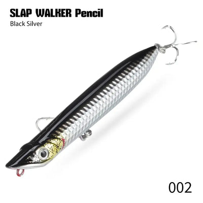 Black and silver pencil fishing lure with treble hooks