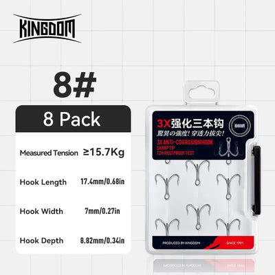 8# treble hook 8-pack, 3X corrosion-resistant hooks on retail card