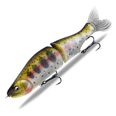 Jointed minnow fishing lure, gray and gold with red and black mottled markings