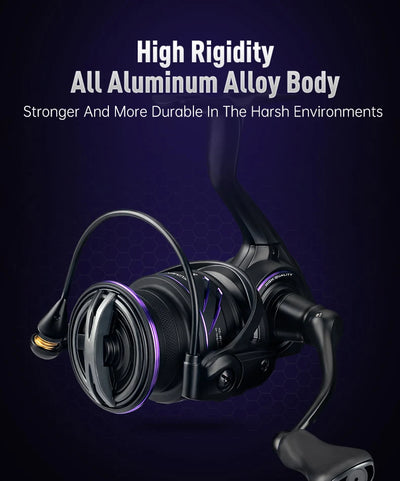 Black spinning reel with purple trim ring on spool, side view with handle