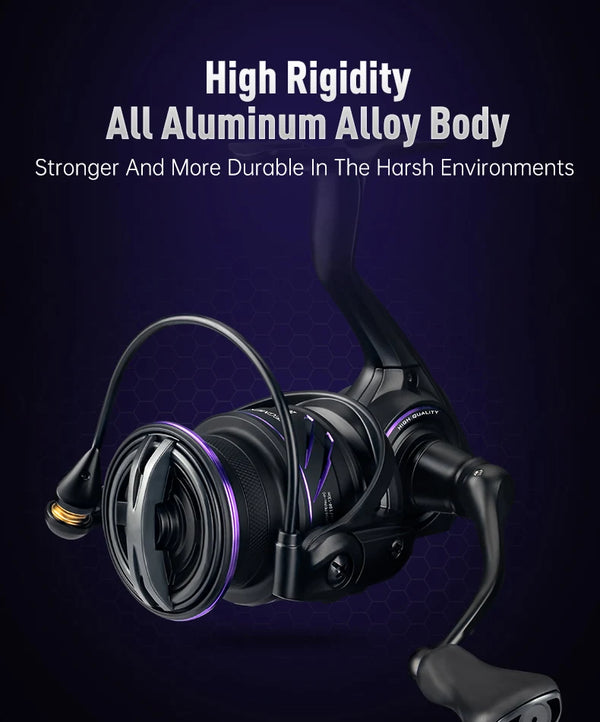 Black spinning reel with purple trim ring on spool, side view with handle