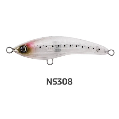 Floating stickbait fishing lure in translucent white with pink accents and black dots