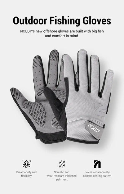 Pair of white and black fishing gloves with textured grip palm