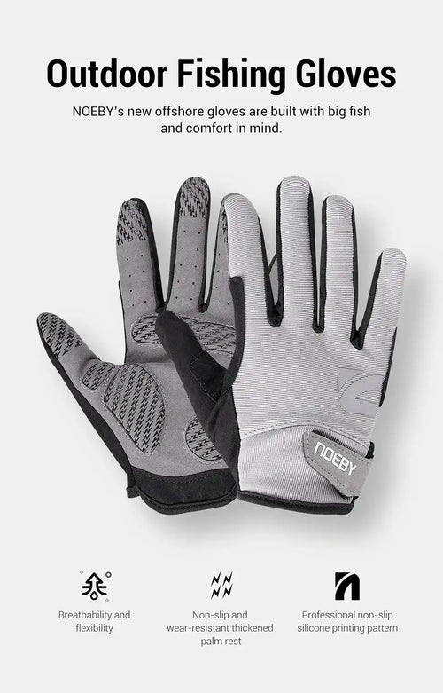 Pair of white and black fishing gloves with textured grip palm