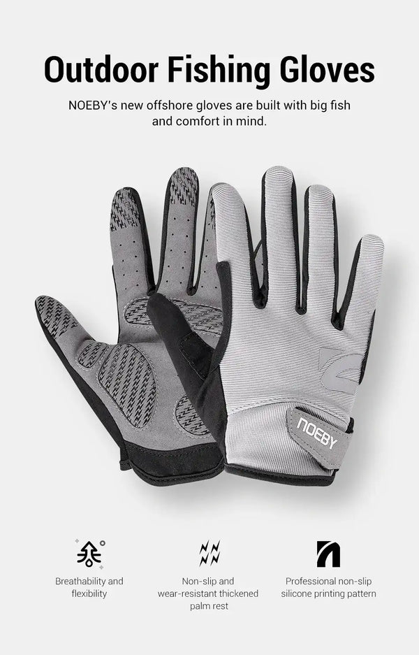 Pair of white and black fishing gloves with textured grip palm