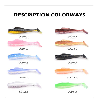 Soft plastic paddle tail minnow lures in multiple color options, side view