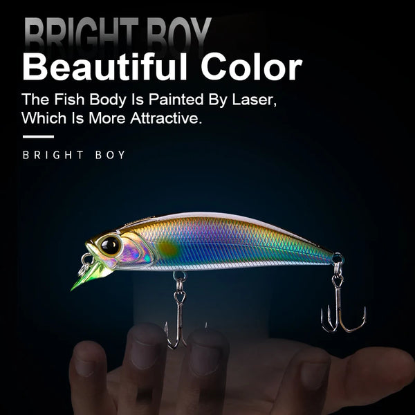 Sinking minnow lure, blue back with rainbow sheen and chartreuse belly, two treble hooks