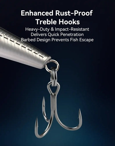 Rust-proof treble hooks on a fishing lure, metal hook detail close-up