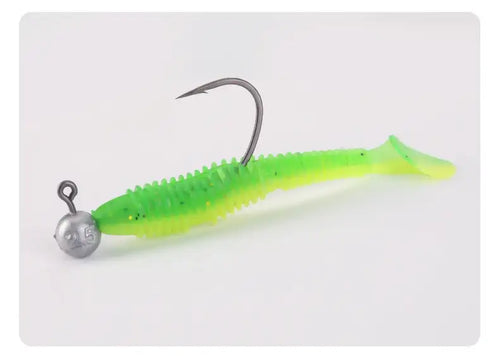 Micro jig head hook with bright chartreuse soft worm bait and steel hook