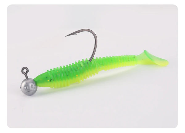 Micro jig head hook with bright chartreuse soft worm bait and steel hook