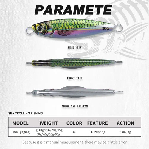 Metal jig lure with scale print, shown from multiple angles with split rings