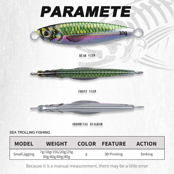 Metal jig lure with scale print, shown from multiple angles with split rings