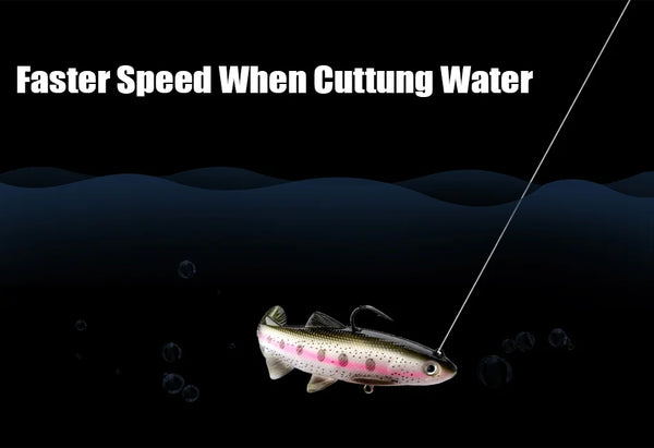Braided fishing line leading to a lure with hooks and bait