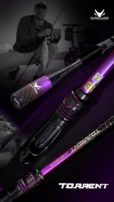 Purple-accent fishing rod with reel and EVA grip, shown in an outdoor action scene