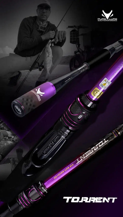 Purple-accent fishing rod with reel and EVA grip, shown in an outdoor action scene